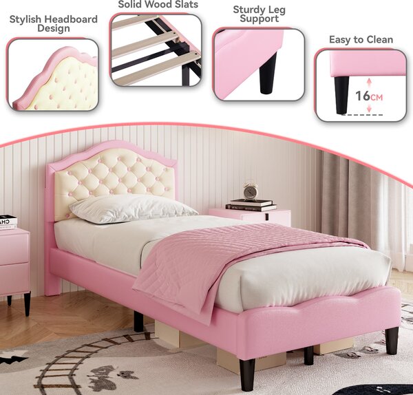 3FT Single Wood Bed with Adjustable Padded Headboard, Easy Assembly, Upholstered PU Bed for Kids, 199.5L x 92.0W x 109.5H cm, Beige+Pink Aosom.UK