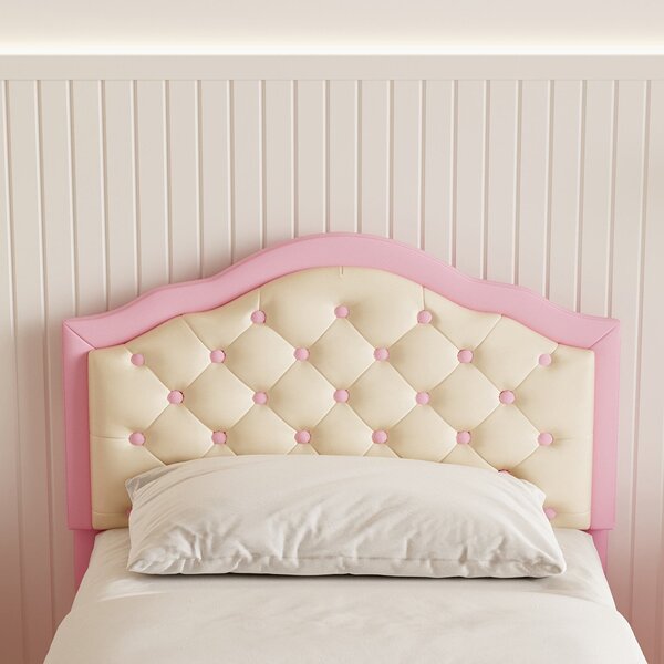 3FT Single Wood Bed with Adjustable Padded Headboard, Easy Assembly, Upholstered PU Bed for Kids, 199.5L x 92.0W x 109.5H cm, Beige+Pink Aosom.UK