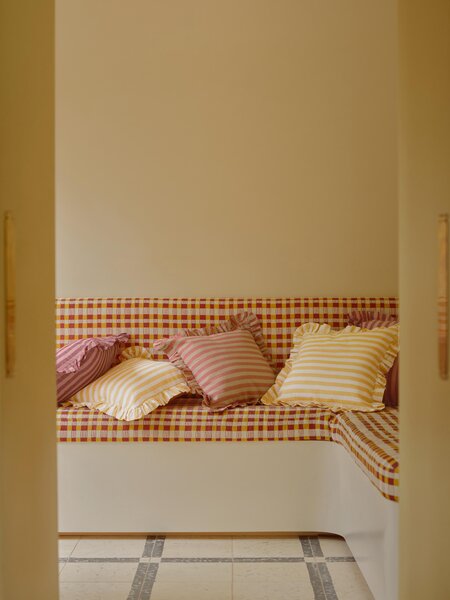 Sandstone Red Pembroke Stripe Frill Linen Blend Filled Cushion | 45x45cm | Piglet in Bed