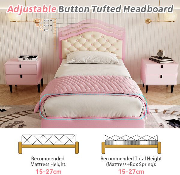 3FT Single Wood Bed with Adjustable Padded Headboard, Easy Assembly, Upholstered PU Bed for Kids, 199.5L x 92.0W x 109.5H cm, Beige+Pink Aosom.UK