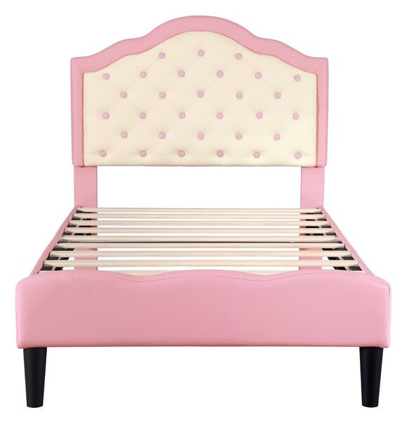 3FT Single Wood Bed with Adjustable Padded Headboard, Easy Assembly, Upholstered PU Bed for Kids, 199.5L x 92.0W x 109.5H cm, Beige+Pink Aosom.UK