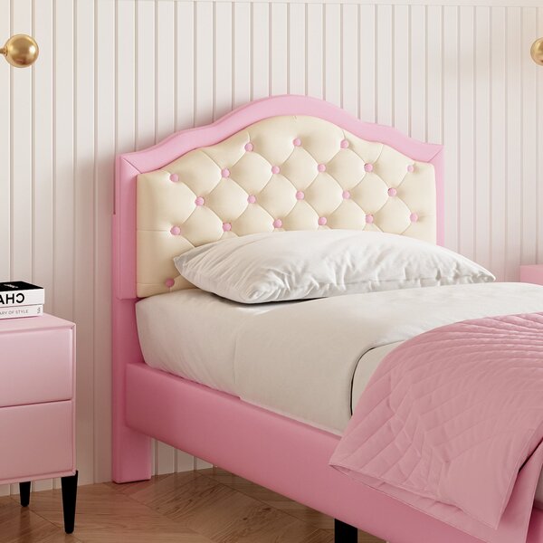 3FT Single Wood Bed with Adjustable Padded Headboard, Easy Assembly, Upholstered PU Bed for Kids, 199.5L x 92.0W x 109.5H cm, Beige+Pink Aosom.UK