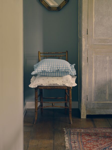 Warm Blue Gingham Frill Linen Blend Filled Cushion | 45x45cm | Piglet in Bed