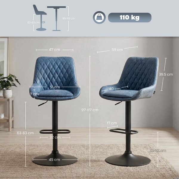 HOMCOM Set of Two Faux Leather Retro Bar Stools, Bar chairs with 7cm thick padded cushion - Dark Blue