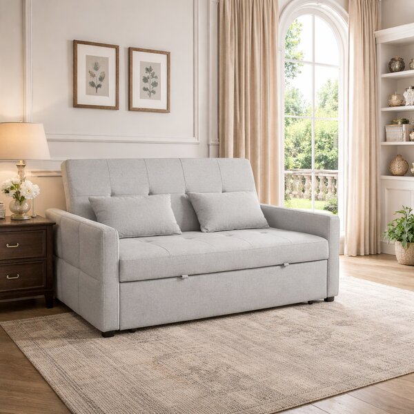 HOMCOM 2-Seater Sofa Bed, Compact Convertible Fabric Couch for Living Room or Guest Room, Light Grey Aosom UK