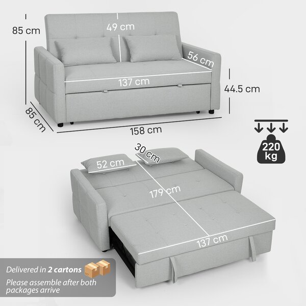 HOMCOM 2-Seater Sofa Bed, Compact Convertible Fabric Couch for Living Room or Guest Room, Light Grey Aosom UK