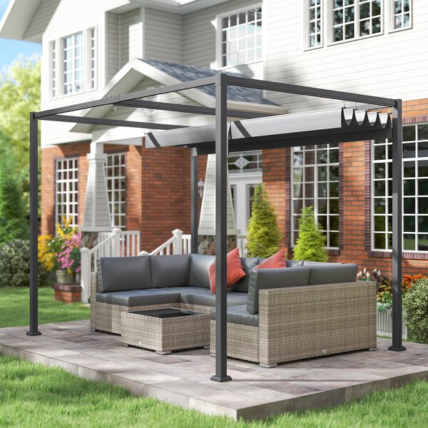 Outsunny 3 x 2m Retractable Roof Gazebo, Wall Mounted Pergola Canopy Garden Shelter for Sun Shade, Grey Aosom UK