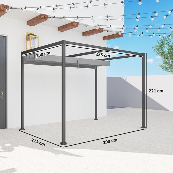 Outsunny 3 x 2m Retractable Roof Gazebo, Wall Mounted Pergola Canopy Garden Shelter for Sun Shade, Grey Aosom UK