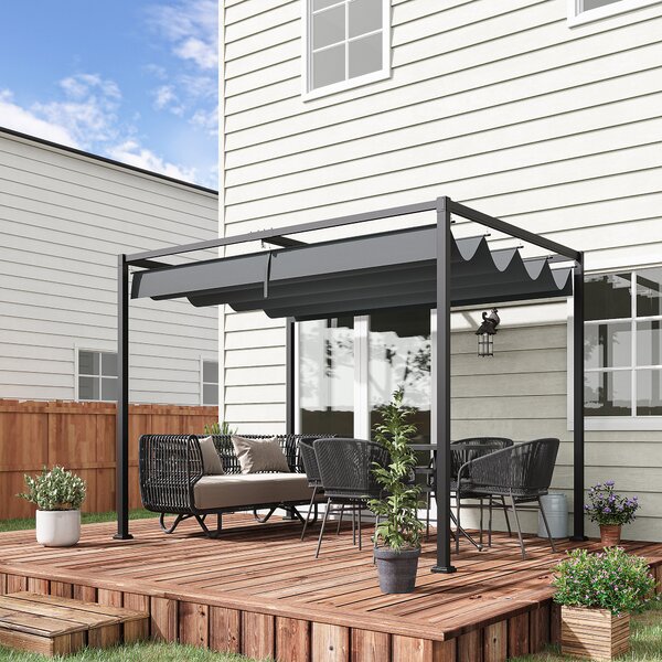 Outsunny 3 x 2m Retractable Roof Gazebo, Wall Mounted Pergola Canopy Garden Shelter for Sun Shade, Grey Aosom UK