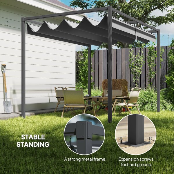 Outsunny 3 x 2m Retractable Roof Gazebo, Wall Mounted Pergola Canopy Garden Shelter for Sun Shade, Grey Aosom UK