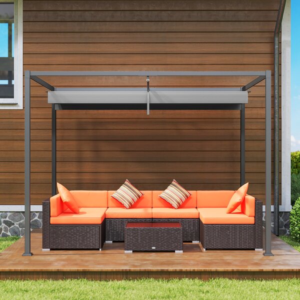 Outsunny 3 x 2m Retractable Roof Gazebo, Wall Mounted Pergola Canopy Garden Shelter for Sun Shade, Grey Aosom UK