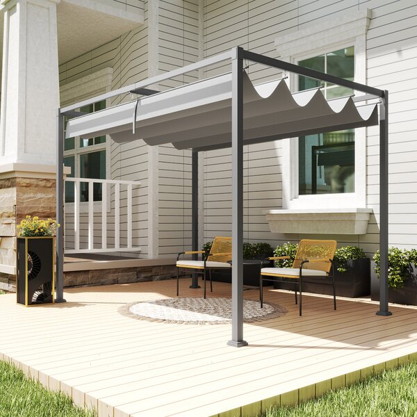 Outsunny 3 x 2m Retractable Roof Gazebo, Wall Mounted Pergola Canopy Garden Shelter for Sun Shade, Grey Aosom UK