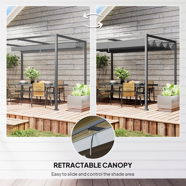 Outsunny 3 x 2m Retractable Roof Gazebo, Wall Mounted Pergola Canopy Garden Shelter for Sun Shade, Grey Aosom UK