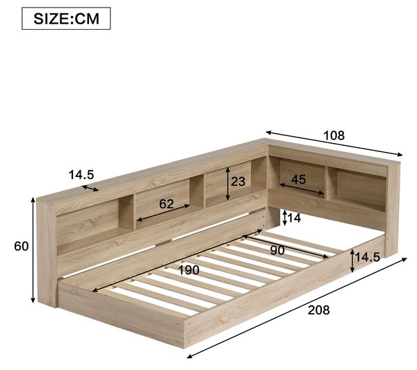 3FT Single Bed with Storage Space, Durable MDF and Plywood, Wooden Bed Frame for Adults and Teenagers, 208L x 108W x 60H cm, White Oak Aosom.UK