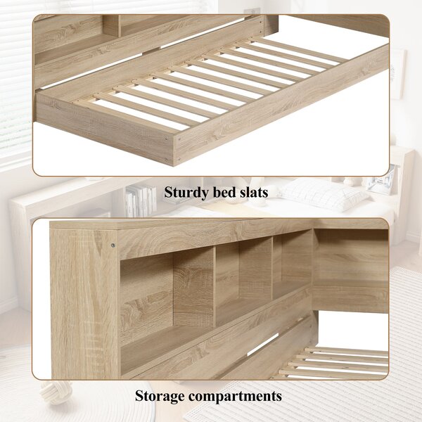 3FT Single Bed with Storage Space, Durable MDF and Plywood, Wooden Bed Frame for Adults and Teenagers, 208L x 108W x 60H cm, White Oak Aosom.UK