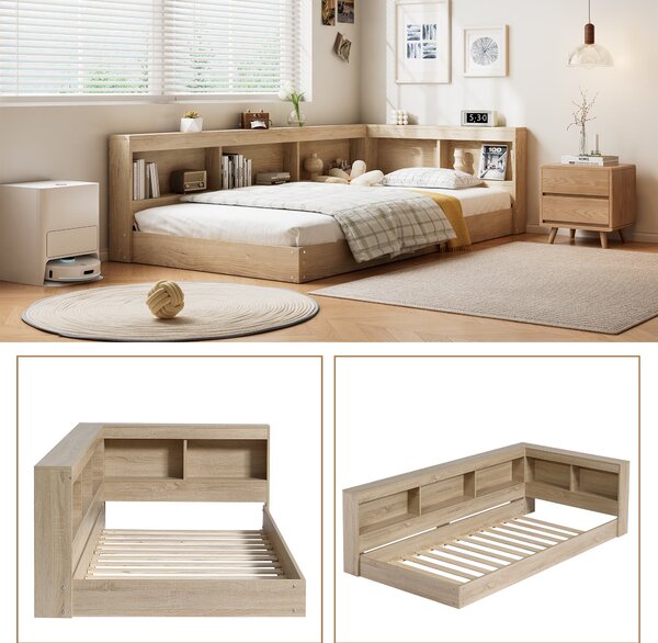3FT Single Bed with Storage Space, Durable MDF and Plywood, Wooden Bed Frame for Adults and Teenagers, 208L x 108W x 60H cm, White Oak Aosom.UK