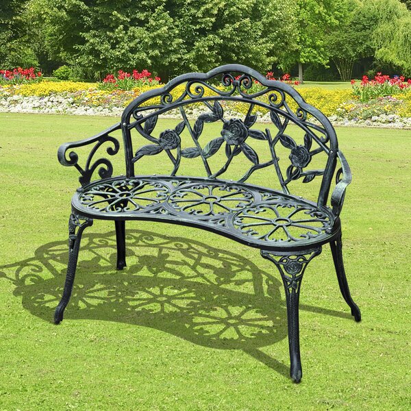 Outsunny Cast Aluminium Outdoor Garden Patio Antique Rose Style Bench Porch Park Chair Seater - Green Aosom UK