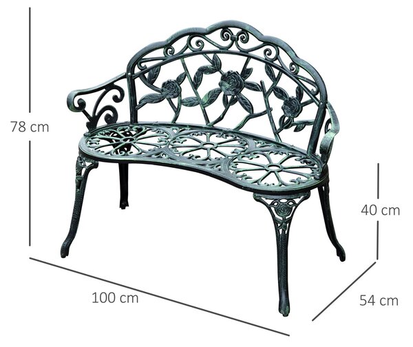 Outsunny Cast Aluminium Outdoor Garden Patio Antique Rose Style Bench Porch Park Chair Seater - Green Aosom UK
