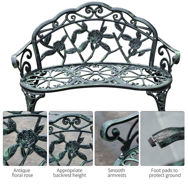 Outsunny Cast Aluminium Outdoor Garden Patio Antique Rose Style Bench Porch Park Chair Seater - Green Aosom UK