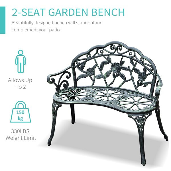 Outsunny Cast Aluminium Outdoor Garden Patio Antique Rose Style Bench Porch Park Chair Seater - Green Aosom UK