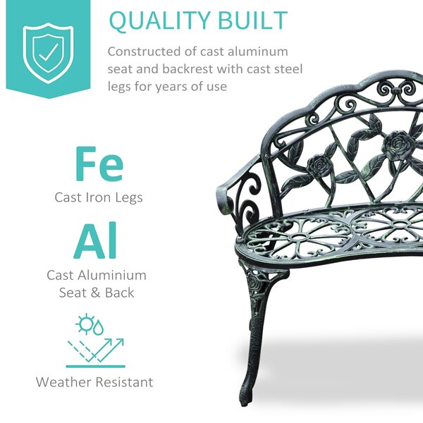 Outsunny Cast Aluminium Outdoor Garden Patio Antique Rose Style Bench Porch Park Chair Seater - Green Aosom UK