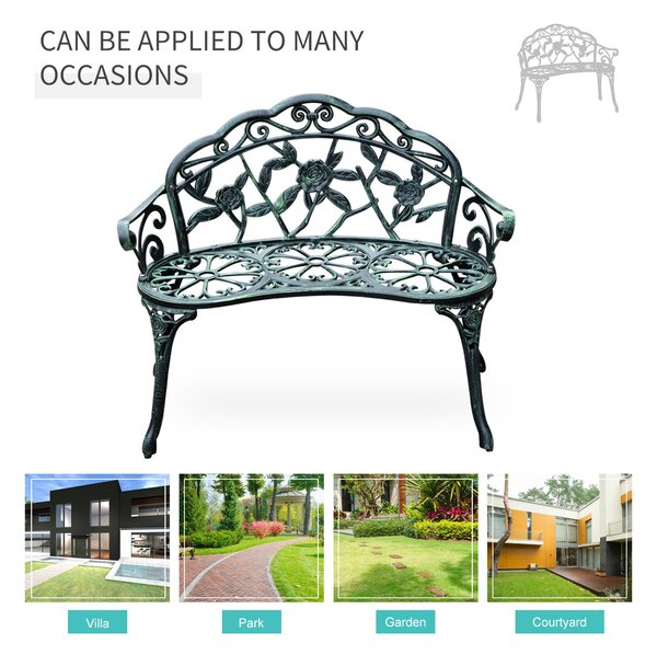 Outsunny Cast Aluminium Outdoor Garden Patio Antique Rose Style Bench Porch Park Chair Seater - Green Aosom UK