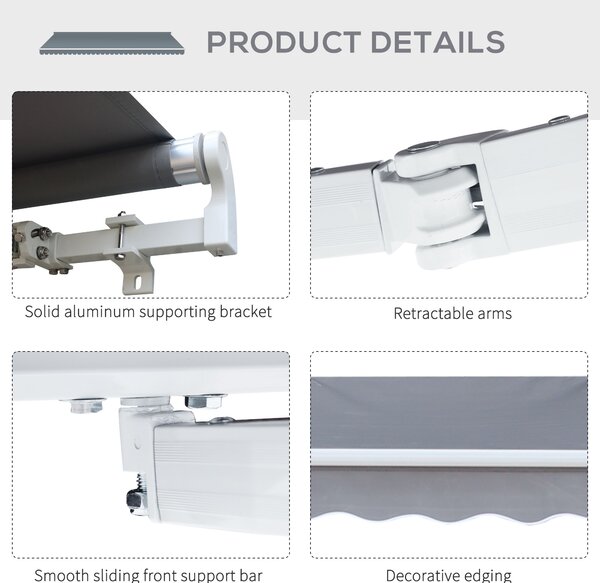 Outsunny 3 x 2.5m Garden Patio Manual Awning Retractable Canopy Sun Shade Shelter with Fittings and Crank Handle Grey