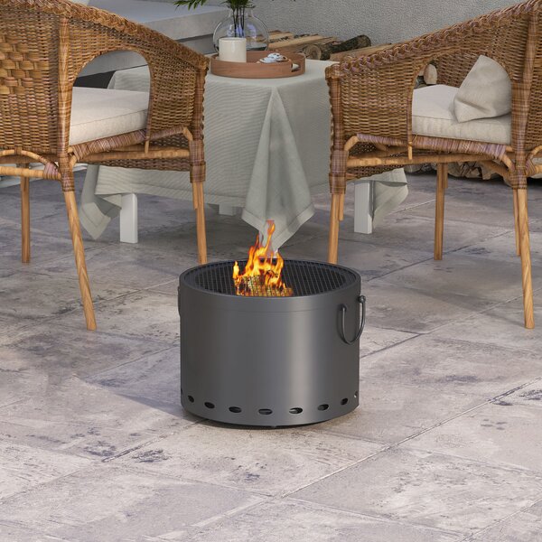 Outsunny Smokeless Fire Pit, 38cm Portable Wood Burning Firepit with Spark Screen and Poker for Garden Patio Picnic, Dark Grey