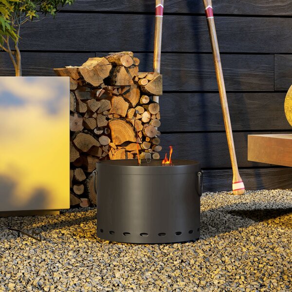 Outsunny Smokeless Fire Pit, 38cm Portable Wood Burning Firepit with Spark Screen and Poker for Garden Patio Picnic, Dark Grey