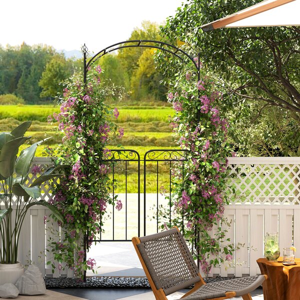 Outsunny Metal Garden Archway, Garden Arch Trellis with Gate for Climbing Plants, 108L x 45W x 215Hcm, Black Aosom UK