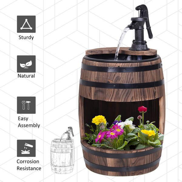 Outsunny Wood Barrel Patio Water Fountain Electric Pump Garden Decorative Ornament with Flower Planter Decor Aosom UK