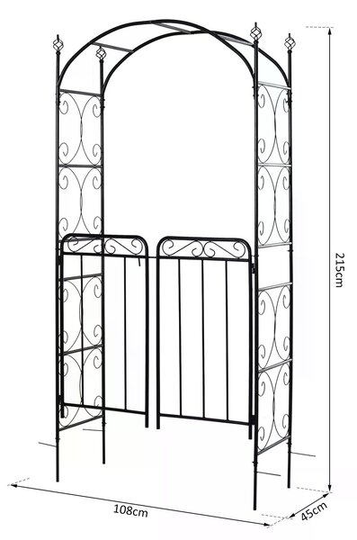 Outsunny Metal Garden Archway, Garden Arch Trellis with Gate for Climbing Plants, 108L x 45W x 215Hcm, Black Aosom UK