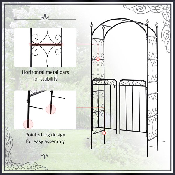 Outsunny Metal Garden Archway, Garden Arch Trellis with Gate for Climbing Plants, 108L x 45W x 215Hcm, Black Aosom UK