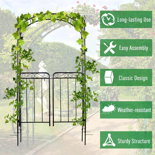 Outsunny Metal Garden Archway, Garden Arch Trellis with Gate for Climbing Plants, 108L x 45W x 215Hcm, Black Aosom UK