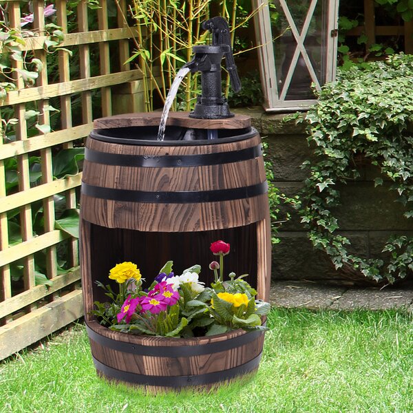 Outsunny Wood Barrel Patio Water Fountain Electric Pump Garden Decorative Ornament with Flower Planter Decor Aosom UK
