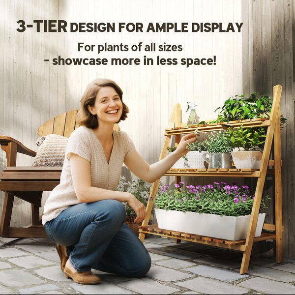 Outsunny Wooden 3 Tier Folding Flower Pot Stand, Garden Planter Display Ladder, Herb Rack, Natural Aosom UK