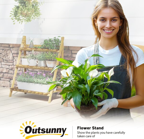 Outsunny Wooden 3 Tier Folding Flower Pot Stand, Garden Planter Display Ladder, Herb Rack, Natural Aosom UK