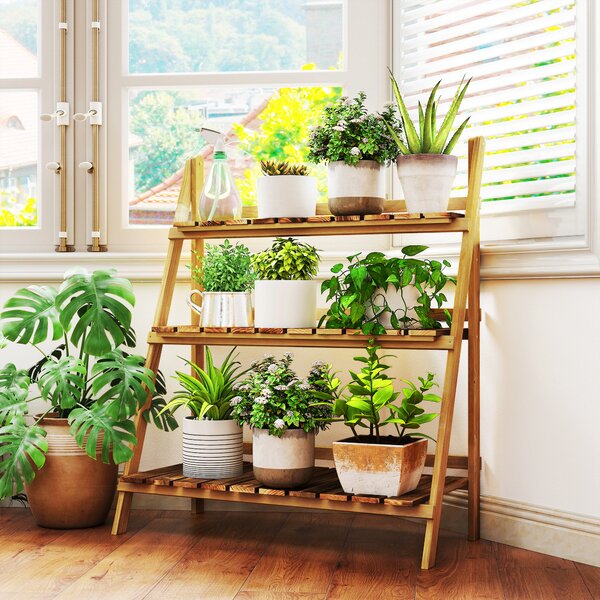 Outsunny Wooden 3 Tier Folding Flower Pot Stand, Garden Planter Display Ladder, Herb Rack, Natural Aosom UK