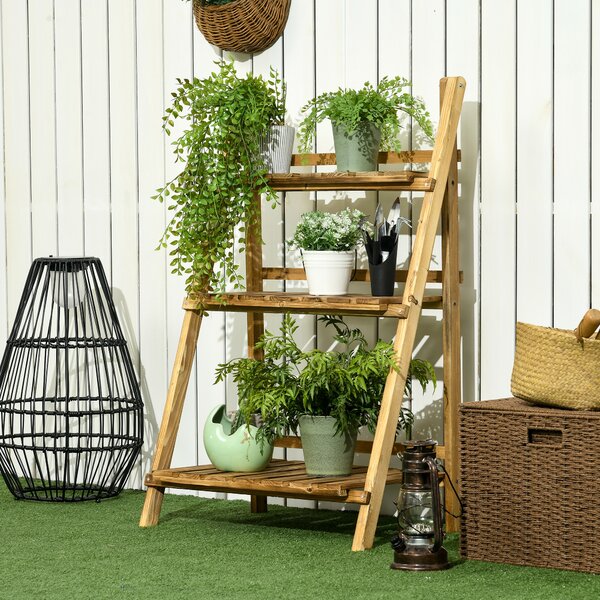 Outsunny Wooden Folding Flower Pot Stand 3 Tier Garden Planter Display Ladder Gardener Storage Shelves Rack (60L x 37W x 93H (cm)) Aosom UK