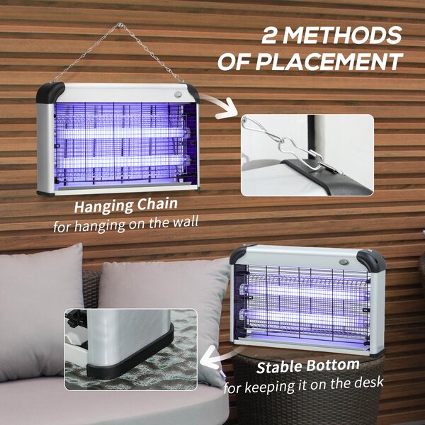 Outsunny Electric Insect Killer, 30W, Free Standing or Wall Hanging, Fly Mosquito Zapper, 60m2 Coverage, Silver Aosom UK