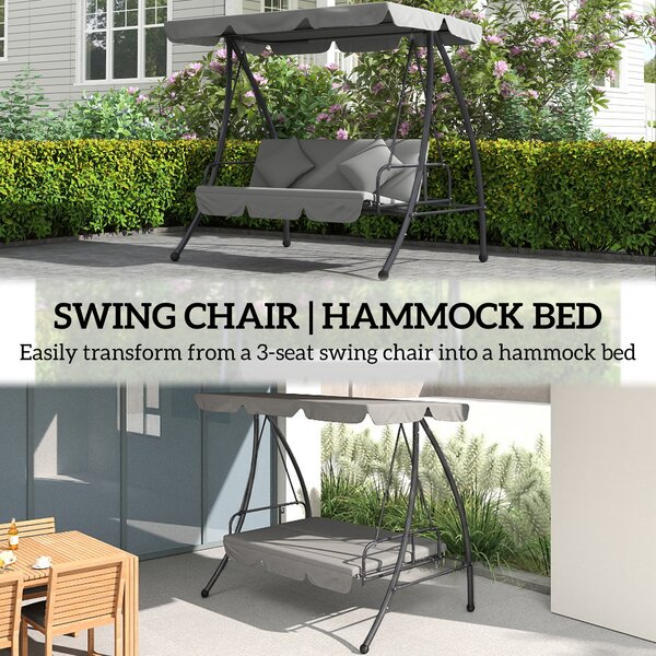 Outsunny Outdoor 2-in-1 Swing Chair Lounger 3 Seater Garden Swing Seat Bed Convertible Tilt Canopy W/ Cushion, Light Grey