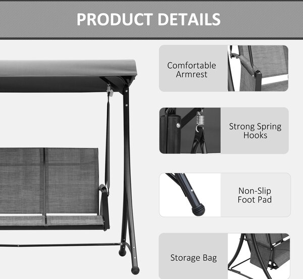 Outsunny 3 Person Outdoor Patio Porch Swing Chair with High Back Design, Side Pouches and Adjustable Canopy, Charcoal Grey Aosom UK