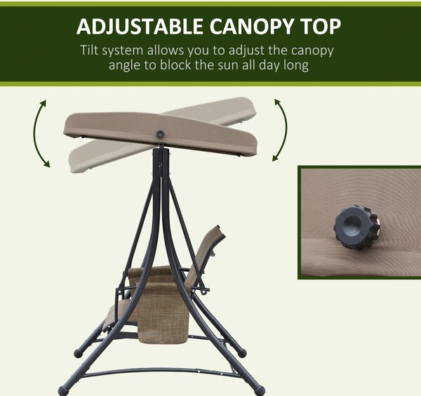 Outsunny 3 Person Outdoor Patio Porch Swing Chair with High Back Design, Side Pouches and Adjustable Canopy, Brown