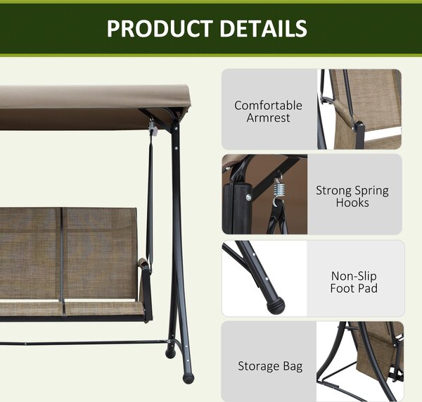 Outsunny 3 Person Outdoor Patio Porch Swing Chair with High Back Design, Side Pouches and Adjustable Canopy, Brown