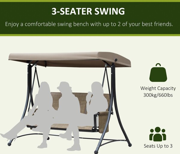 Outsunny 3 Person Outdoor Patio Porch Swing Chair with High Back Design, Side Pouches and Adjustable Canopy, Brown