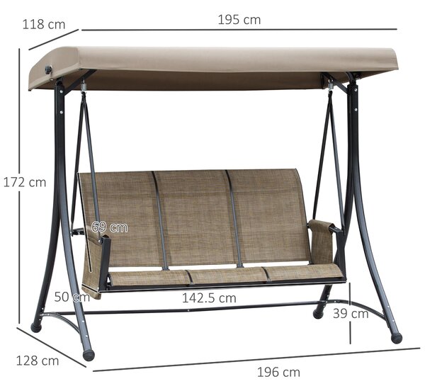 Outsunny 3 Person Outdoor Patio Porch Swing Chair with High Back Design, Side Pouches and Adjustable Canopy, Brown