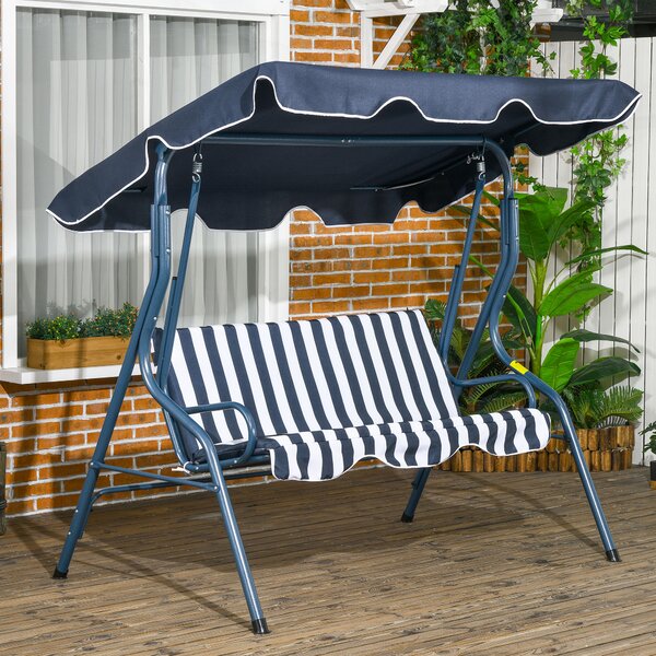 Outsunny Waterproof 3 Seater Garden Swing Seat Chair Outdoor Bench with Adjustable Canopy and Metal Frame, Blue Stripes Aosom UK