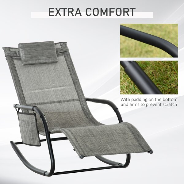Outsunny 2Pcs Garden Rocking Chair, Patio Sun Lounger Rocker Chair w/ Breathable Mesh Fabric, Removable Headrest Pillow, Side Storage Bag, Dark Grey