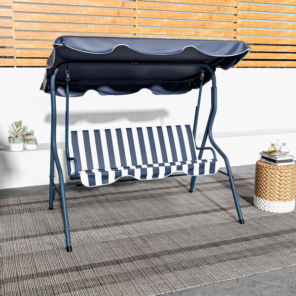 Outsunny Waterproof 3 Seater Garden Swing Seat Chair Outdoor Bench with Adjustable Canopy and Metal Frame, Blue Stripes Aosom UK