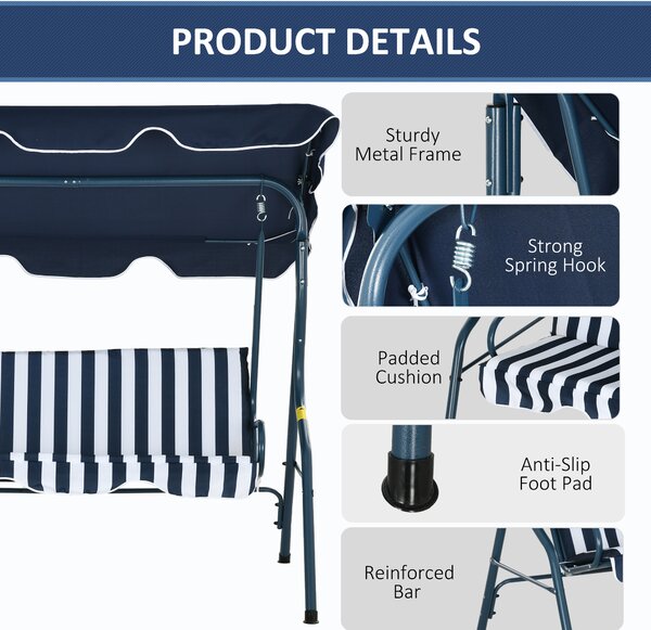 Outsunny Waterproof 3 Seater Garden Swing Seat Chair Outdoor Bench with Adjustable Canopy and Metal Frame, Blue Stripes Aosom UK
